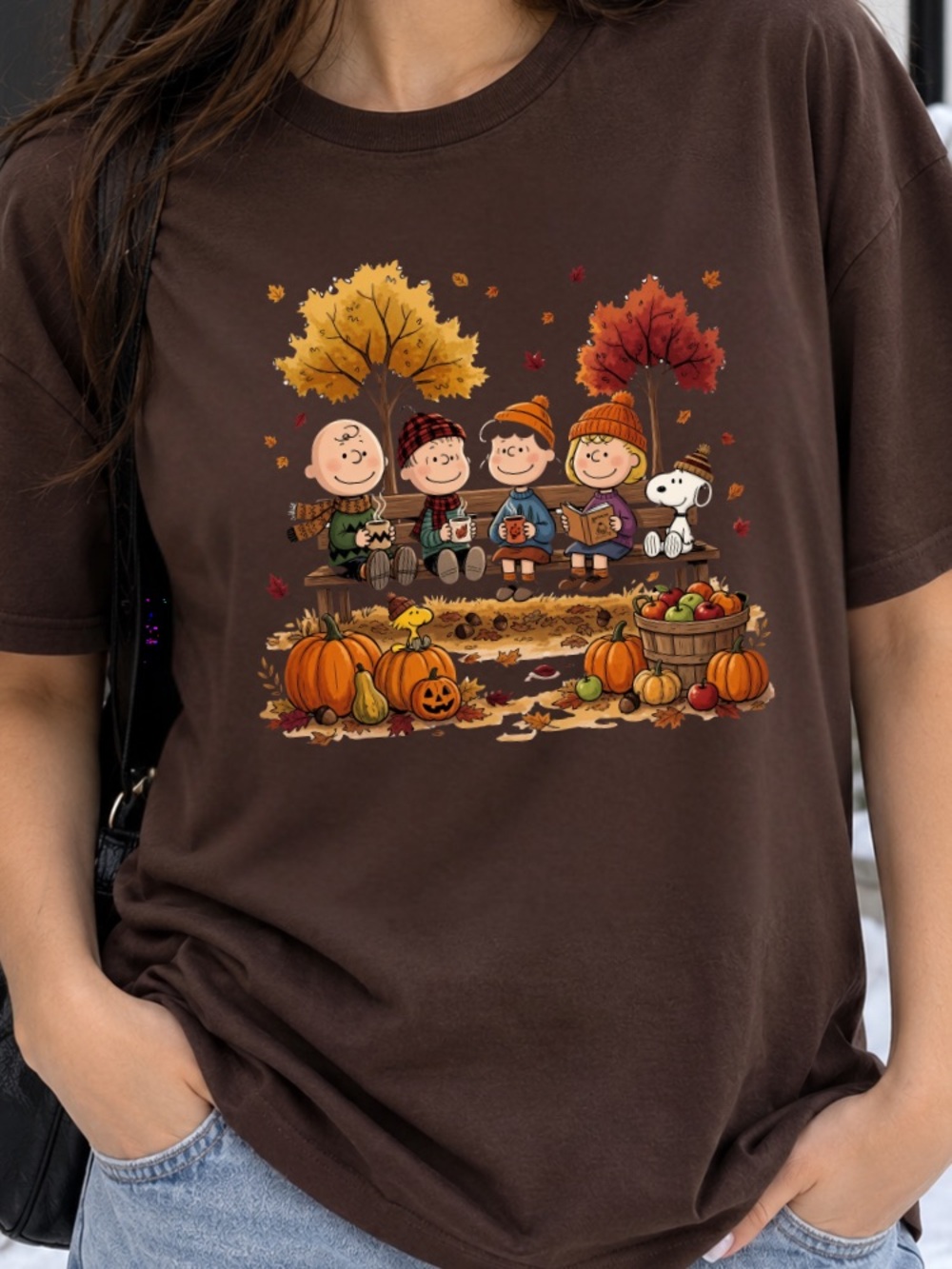 Peanuts Snoopy Charlie Brown Fall Autumn Leaves Bench Coffee T-Shirt